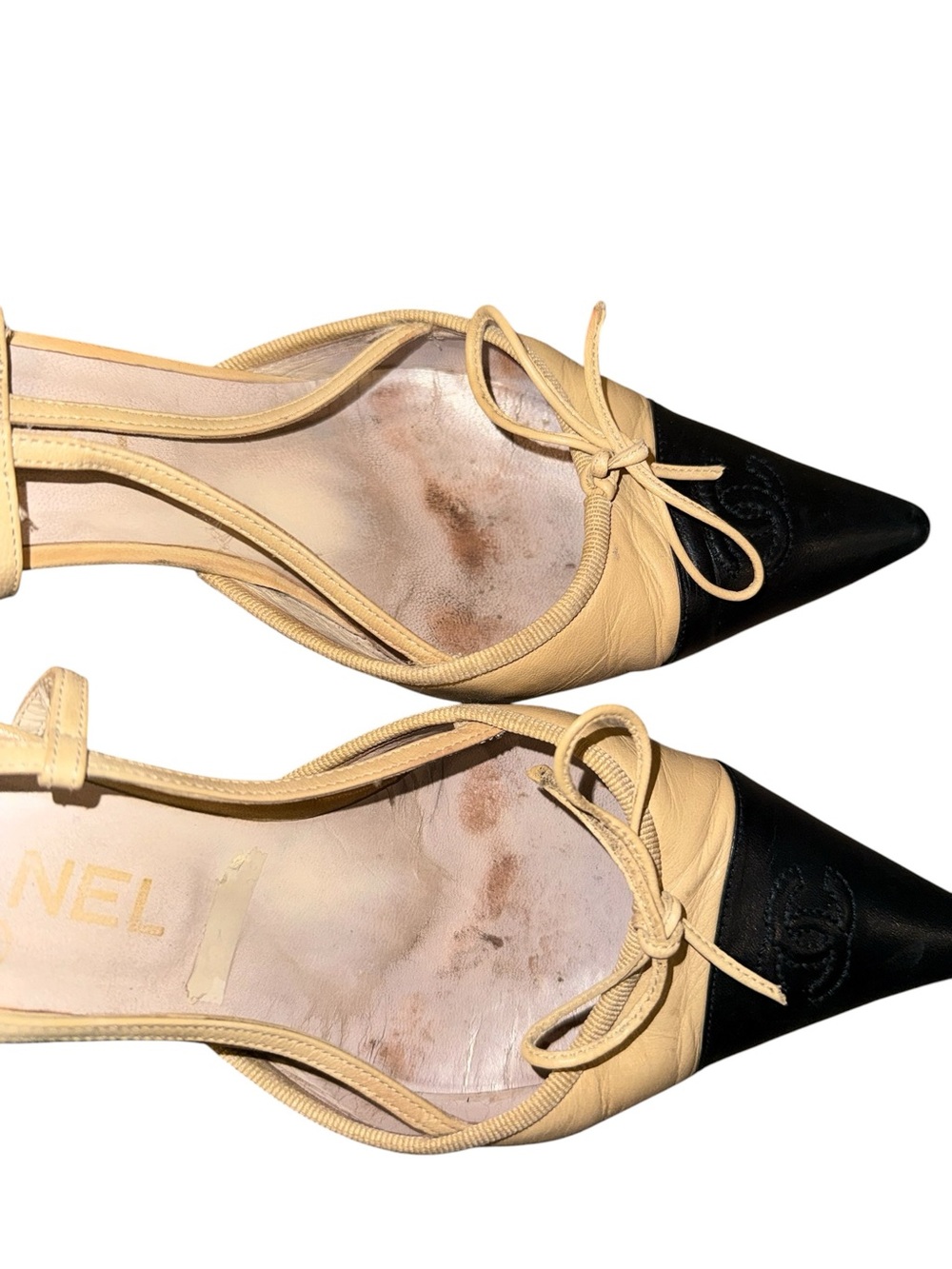 Vintage Chanel Classic Cap Pointed Toe CC Cream Slingback Heels 37.5 7.5 US USED - Picture 6 of 12